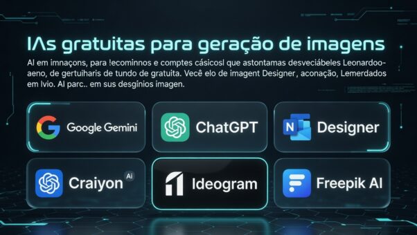 Tabela comparativa das melhores IAs gratuitas para geração de imagens em 2026: Google Gemini, ChatGPT, Microsoft Designer, Craiyon, Leonardo.Ai, Ideogram e Freepik AI