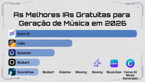 Tabela comparativa das melhores IAs gratuitas para geração de música em 2026: Suno AI, Udio, Sonauto, Mubert, Soundraw, Boomy, MusicGen e Canva AI Music Generator