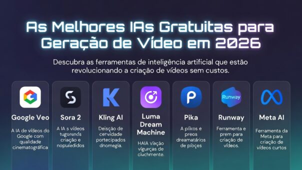 Tabela comparativa das melhores IAs gratuitas para geração de vídeo em 2026: Google Veo, Sora 2, Kling AI, Luma Dream Machine, Pika, Runway, CapCut AI e Meta AI