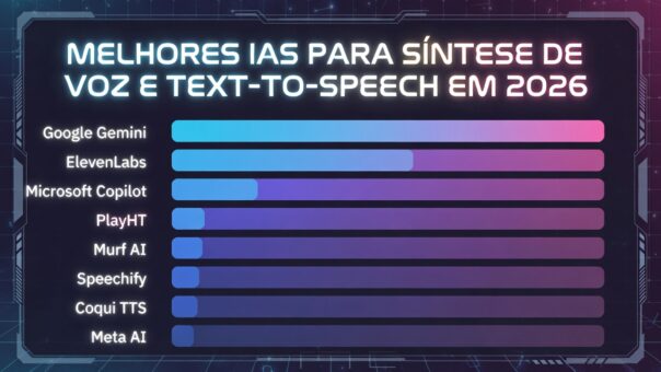 Tabela comparativa das melhores IAs gratuitas para text-to-speech e síntese de voz em 2026: Google Gemini, ElevenLabs, Microsoft Copilot, PlayHT, Murf AI, Speechify, Coqui TTS e Meta AI