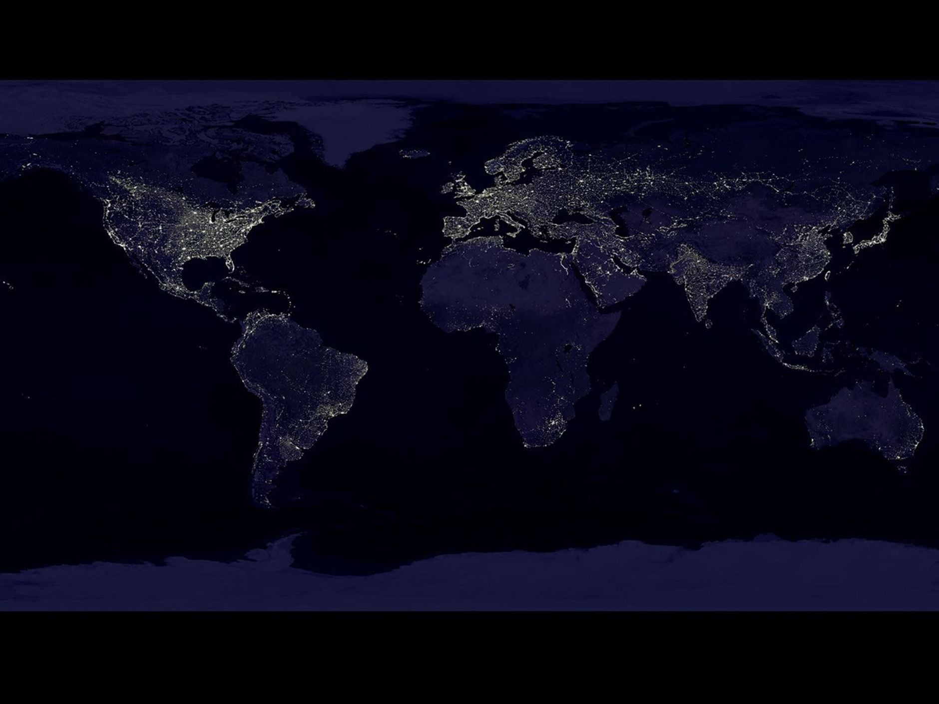 Mapa da Terra a noite com luzes das cidades, composicao de imagens de satelite.
