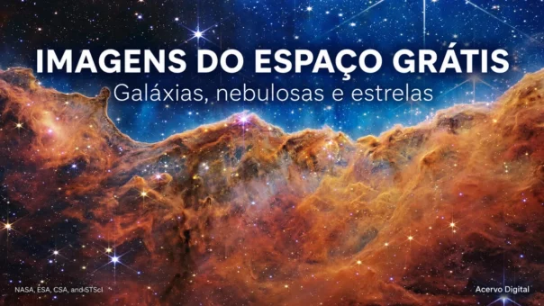 Imagens do espaço grátis: capa editorial baseada nos Penhascos Cósmicos do Webb
