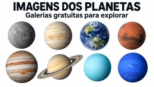 Imagens dos planetas do Sistema Solar: ilustração dos oito planetas e chamada para galerias gratuitas